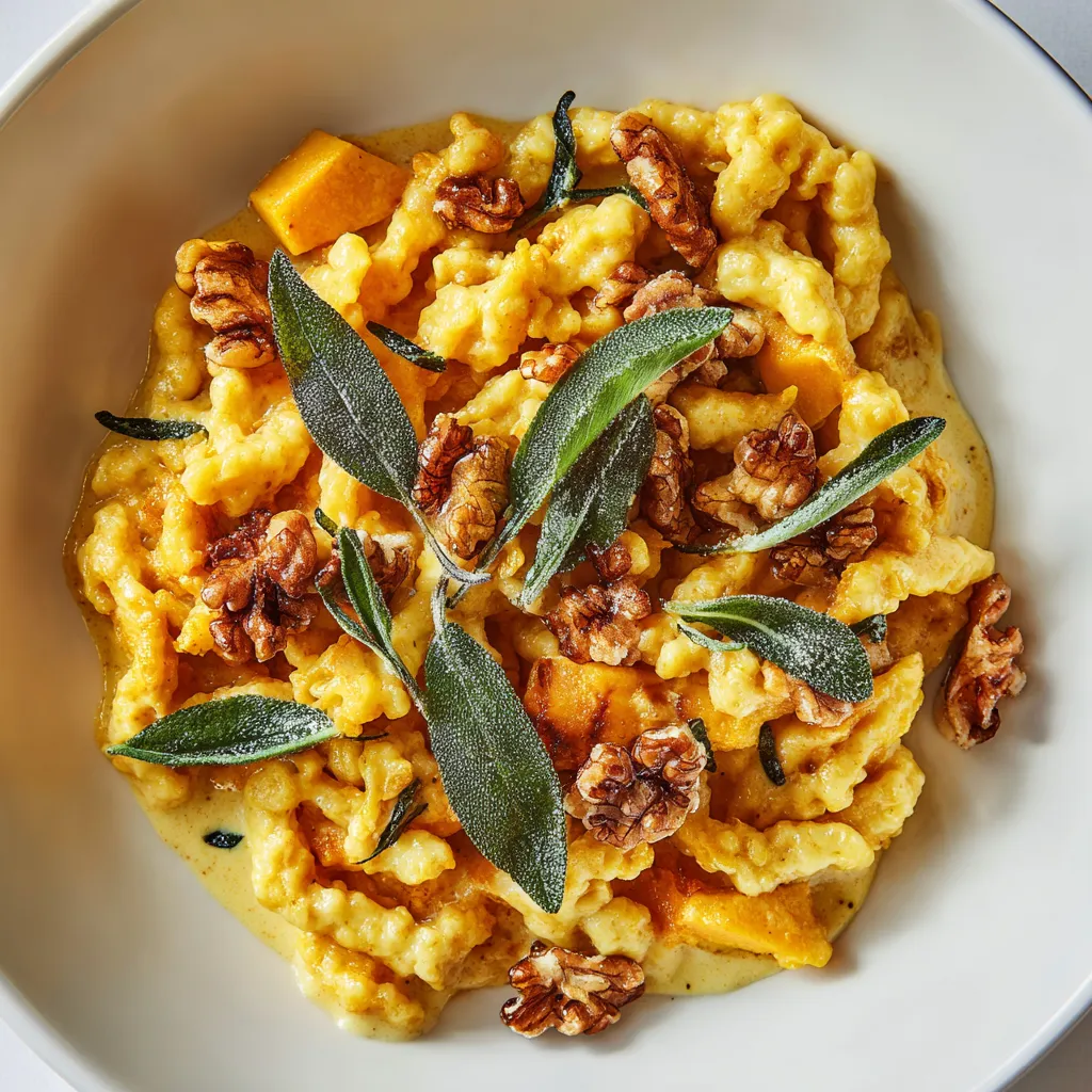 Ein weißer Teller mit Spätzle au Potiron & Noix Torréfiées, Émulsion Beurre-Sauge.