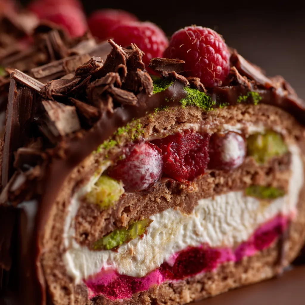 Eine Bûche Glacée de Lebkuchen au Rhum, Insert Framboise-Citron Vert & Glaçage Miroir Cacao Épicé.