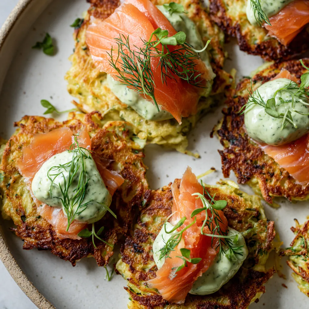 Ein Bild von Kartoffelpuffers mit Avocado-Kräutercreme und Räucherlachs.