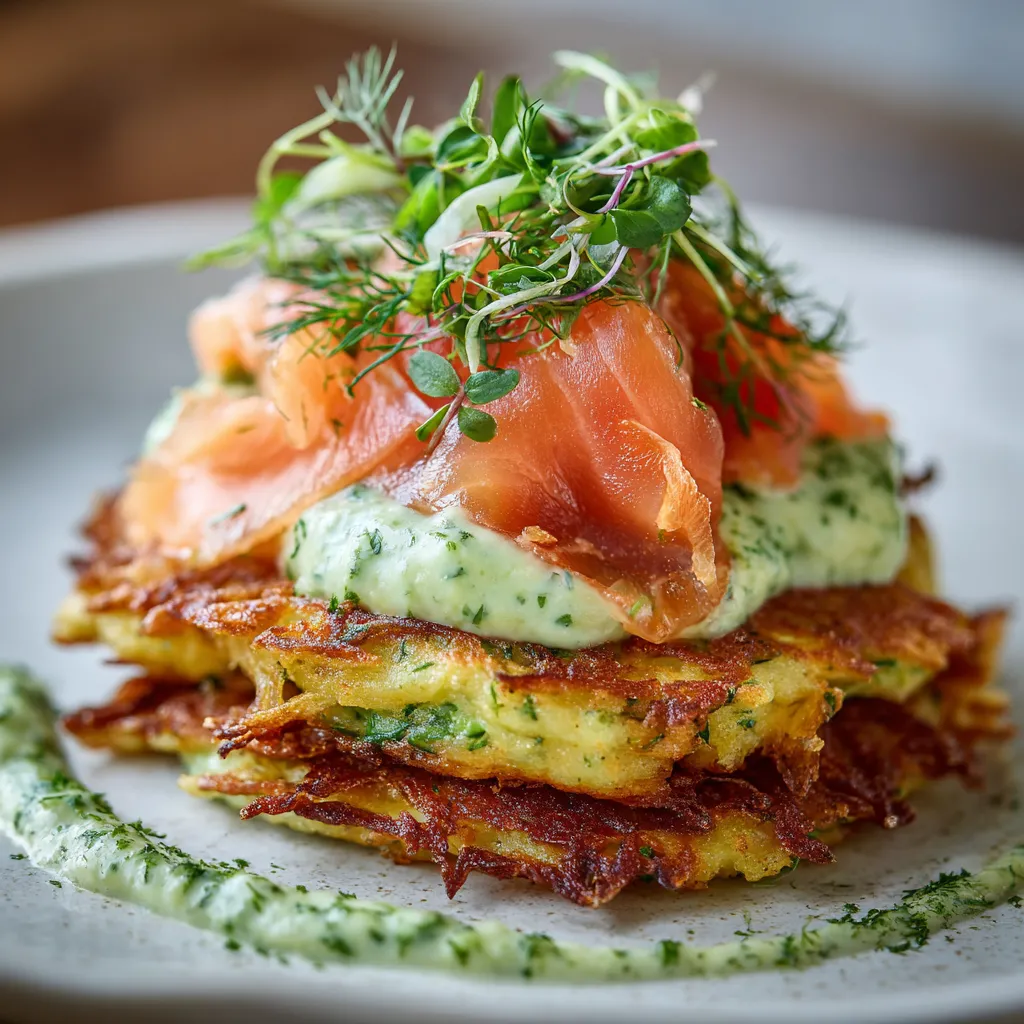 Ein Kartoffelpuffer mit Avocado-Kräutercreme und Räucherlachs auf einem Teller.