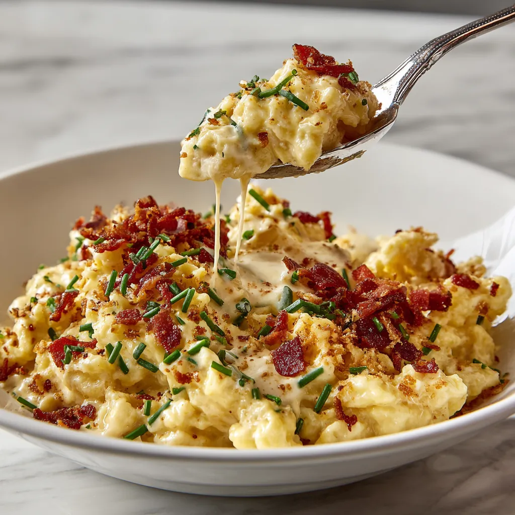 Ein weißer Teller mit Cremige Käsespätzle, die mit knusprigen Röstzwiebeln und Speckchips garniert sind.