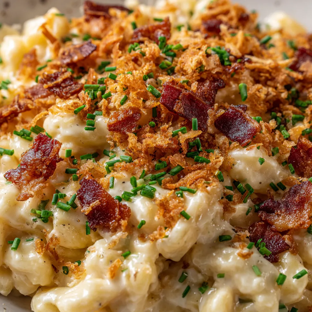 Eine Schüssel mit cremigen Käsespätzle, die mit knusprigen Röstzwiebeln und Speckchips garniert sind.