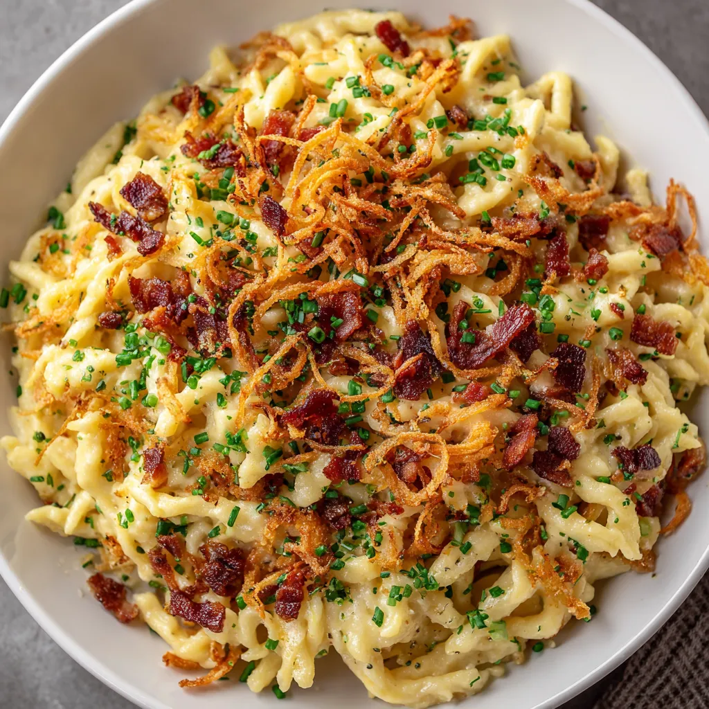Ein weißer Teller mit cremiger Käsespätzle, die mit knusprigen Röstzwiebeln und Speckchips garniert sind.