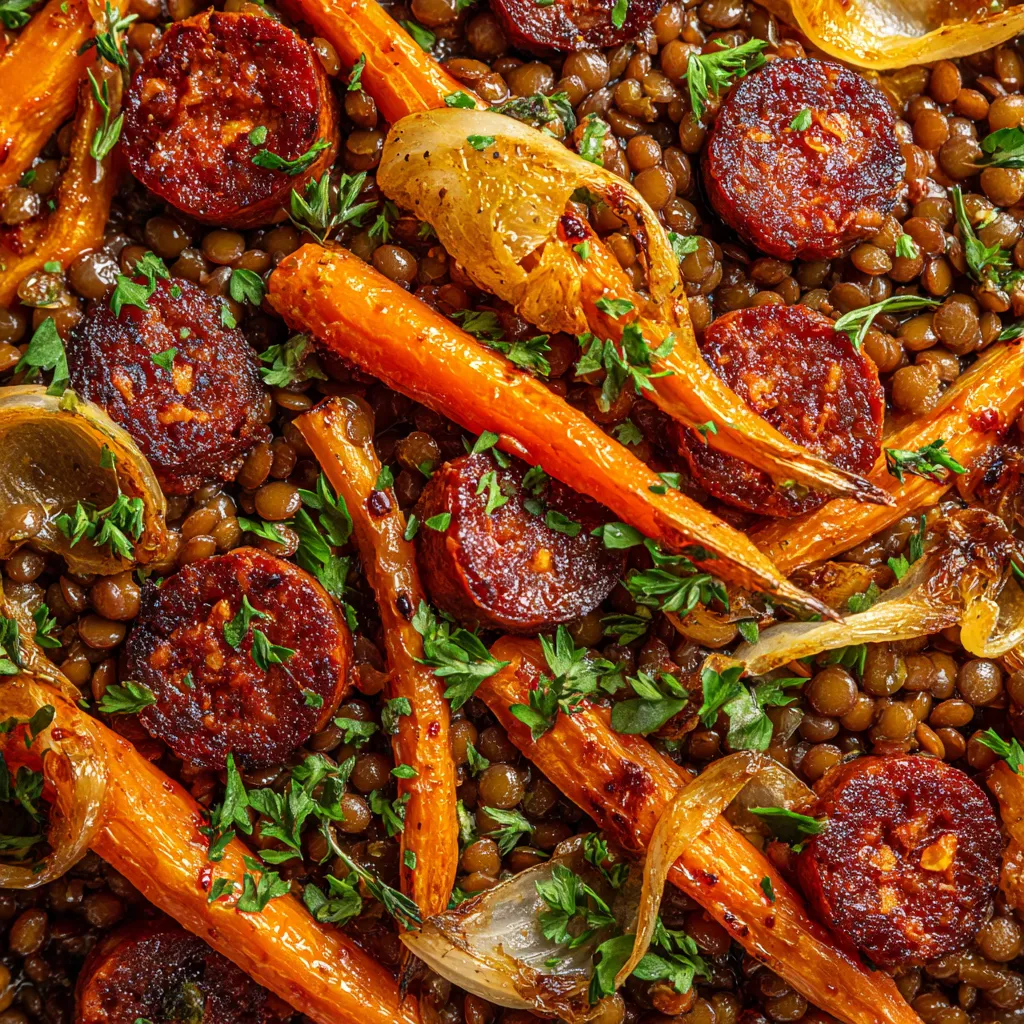 Ein Bild von einer einfachen, aber leckeren Ein-Bohnen-Spätzle-Gerichte mit Chorizo und karamellisierten Karotten.