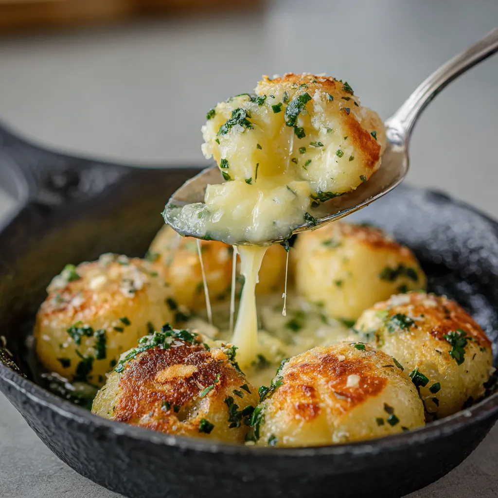 Ein Schalen mit Kartoffelklößen, die mit Knoblauchbutter und Parmesan-Kruste garniert sind.