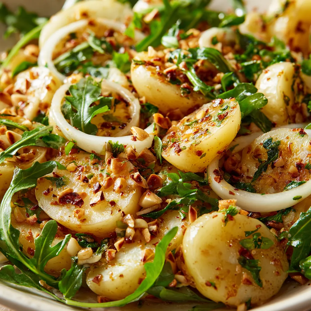Ein Kartoffelsalat mit Honig-Senf-Dressing und gerösteten Mandeln.