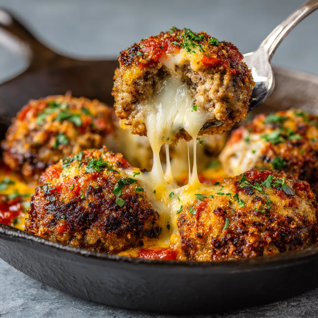 Ein Frikadellen mit Mozzarella-Kern und Tomaten-Kräuter-Kruste in einem schwarzen Teller.
