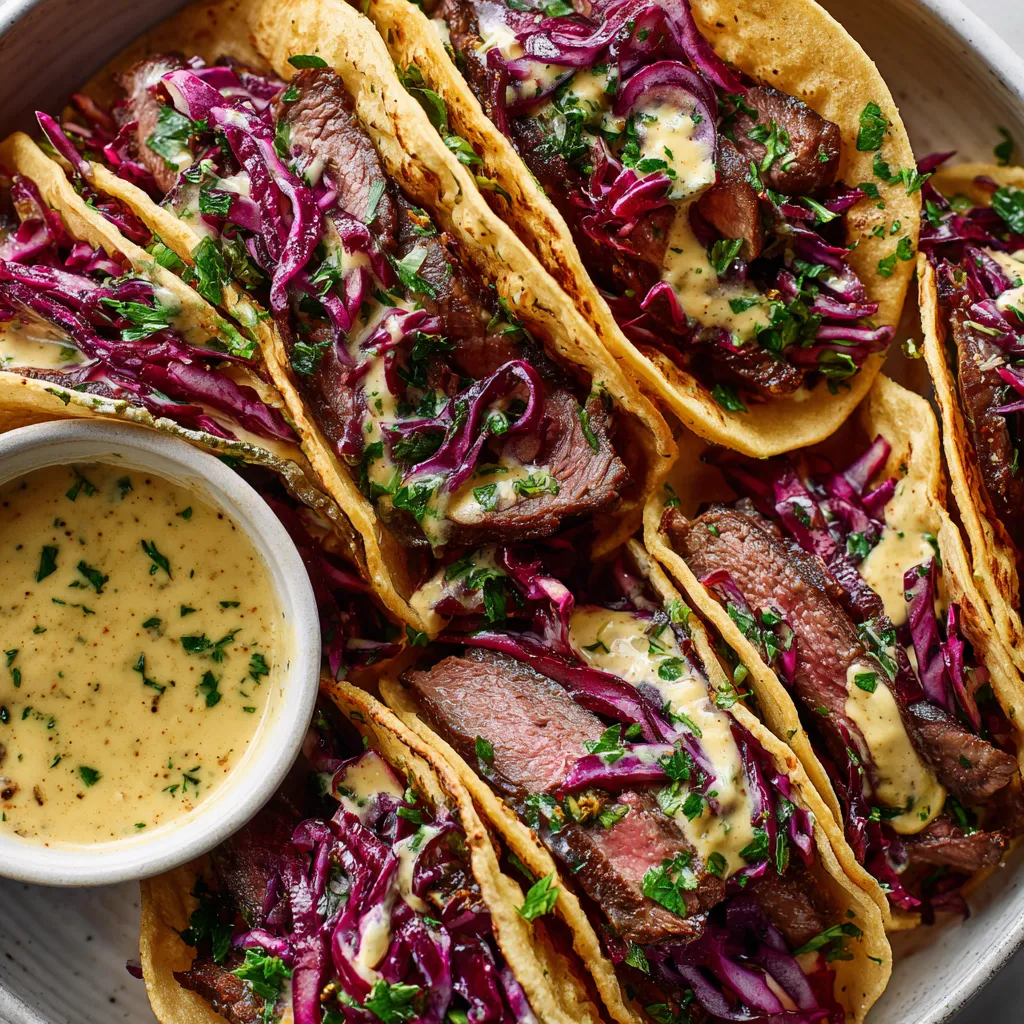 Rinderrouladen-Tacos mit Rotkohl-Slaw & Senf-Dip.