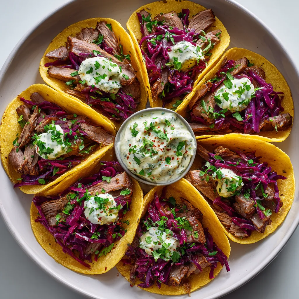 Eine Platte mit Rinderrouladen-Tacos, die mit Rotkohl-Slaw und Senf-Dip garniert sind.