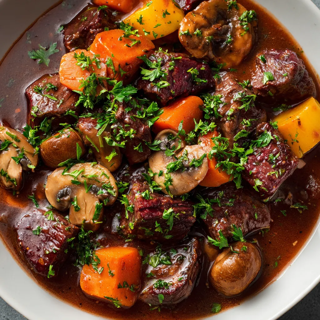 Ein Deftiger Gulasch mit Pilzen und Rotwein, der in einem weißen Teller serviert wird.