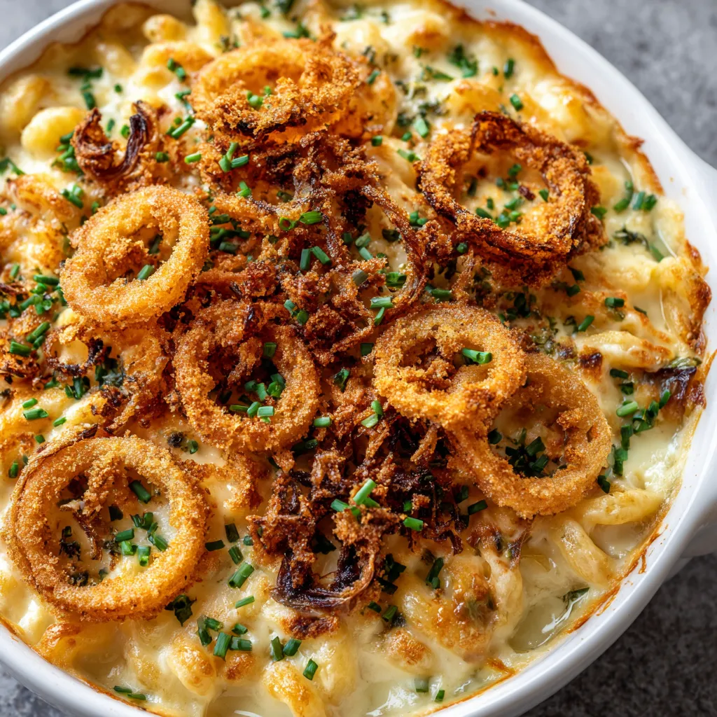 Ein Käsespätzle-Gratin mit Röstzwiebeln in einem weißen Behälter.
