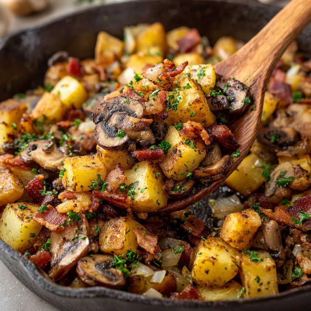 Eine Schnelle Kartoffel-Pilz-Pfanne mit Speck, die in einem schwarzen Teller auf einem Tisch liegt.