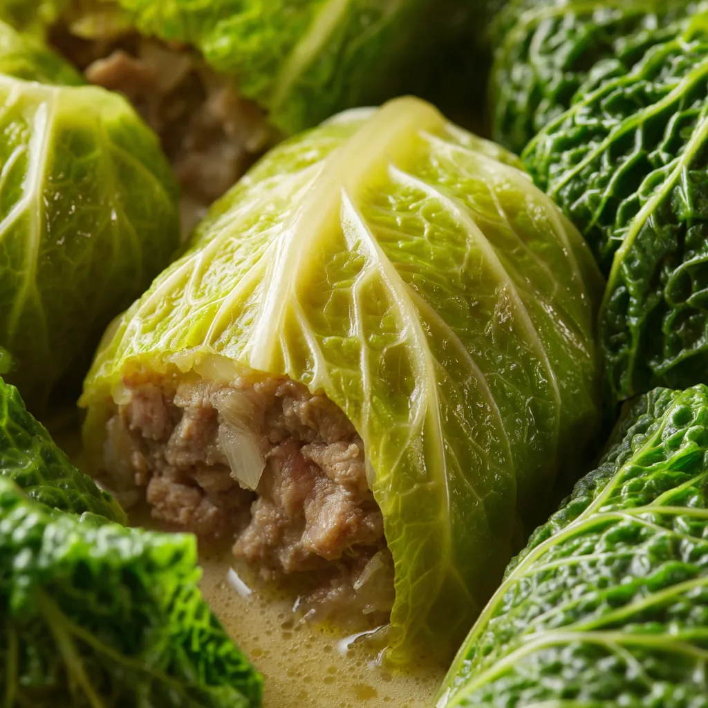 Ein Rouladen aus Wirsing, der mit Hackfleisch gefüllt ist und in einer Senfsauce serviert wird.