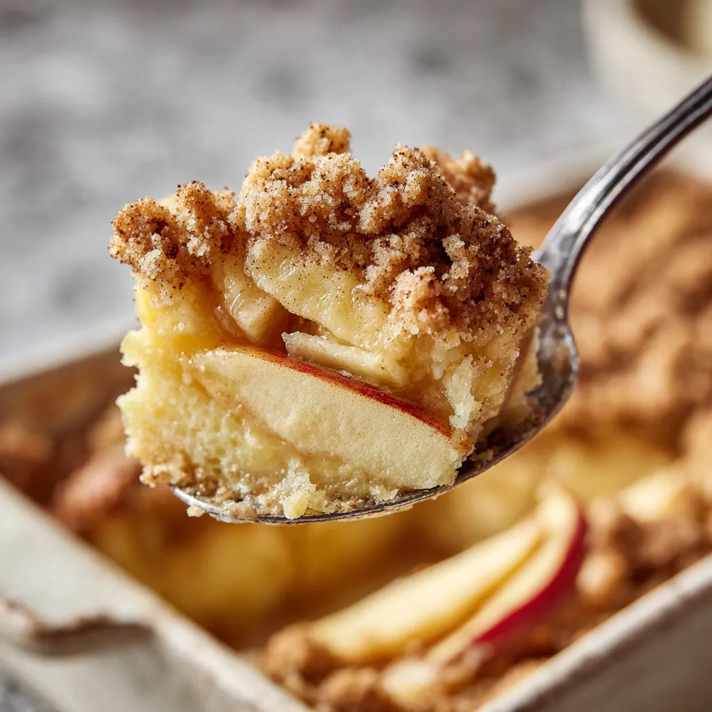 Ein Stück von einem Apfel-Zimt-Streuselkuchen wird mit einer Gabel aufgenommen.
