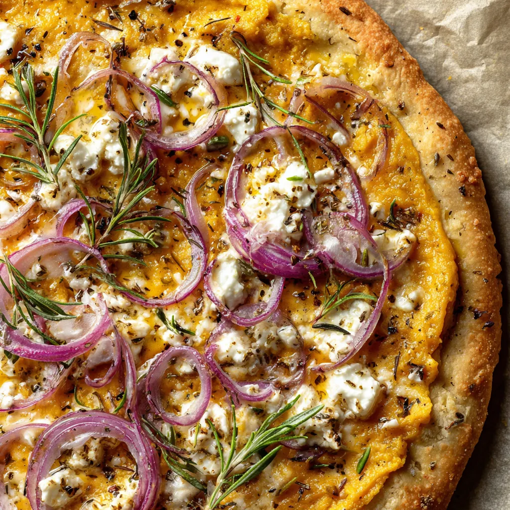 Ein Kürbis-Flammkuchen mit Feta und Rosmarin.