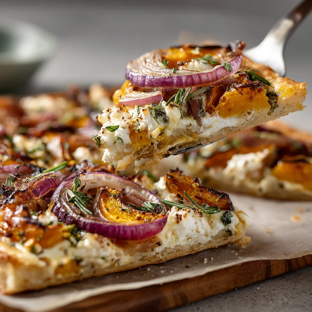 Ein Herzhafter Kürbis-Flammkuchen mit Feta und Rosmarin auf einem Teller.