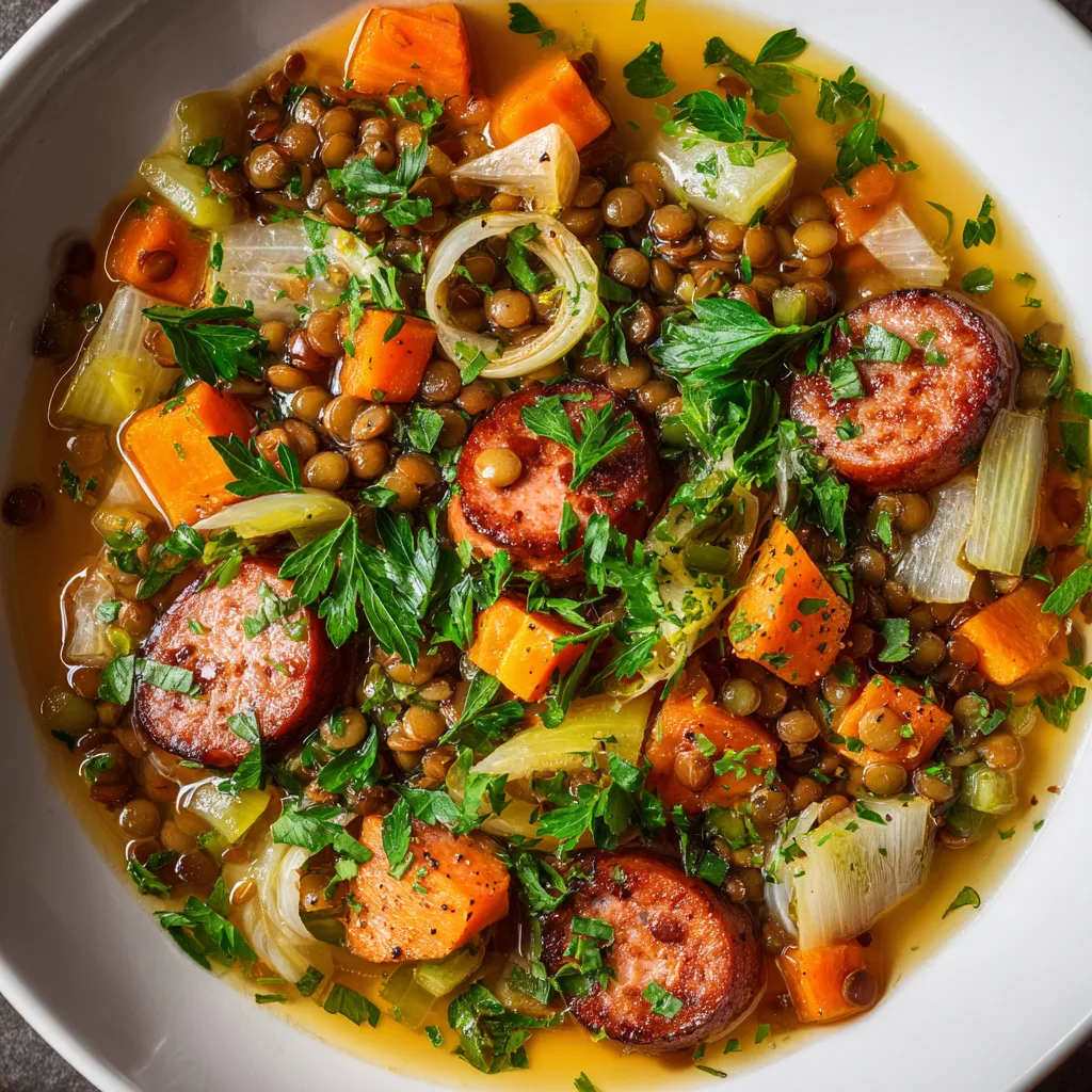 Eine Schüssel mit Linsensuppe und Wiener Würstchen.