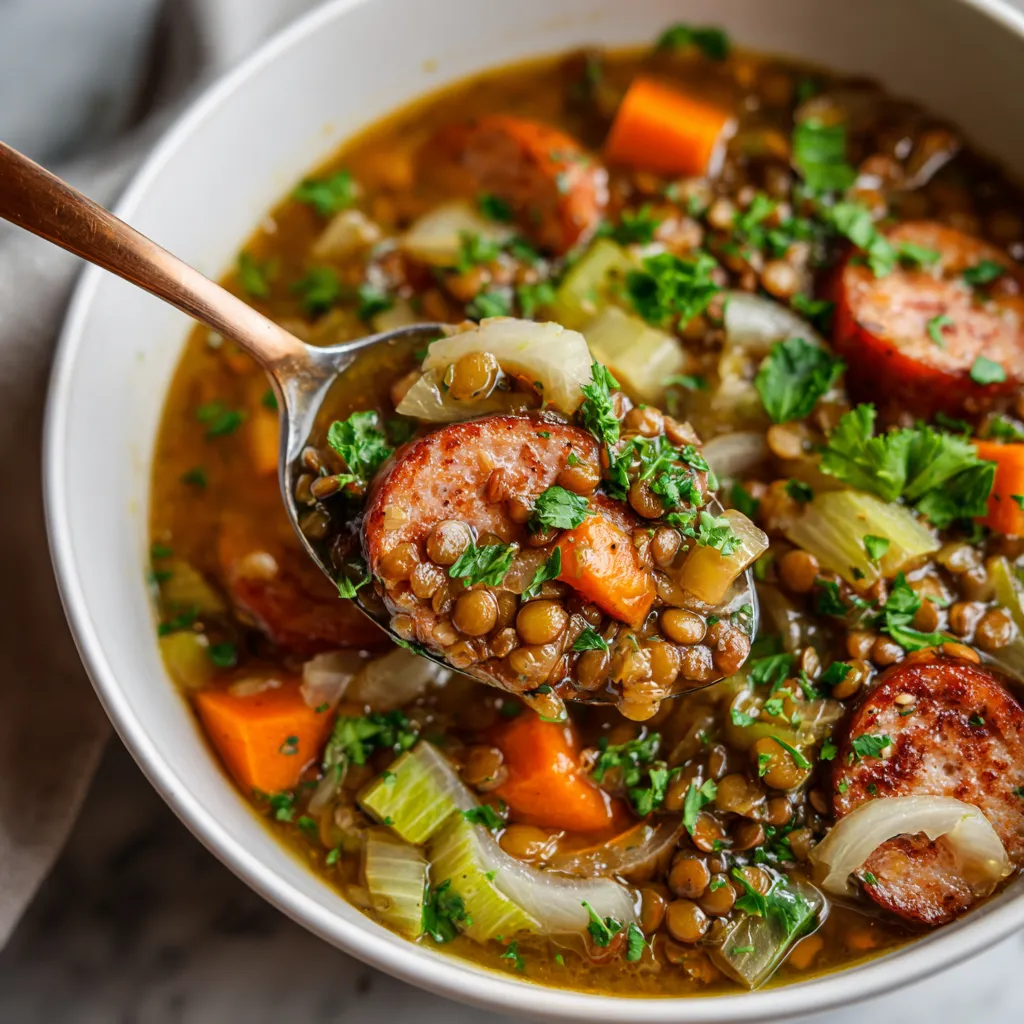 Ein weißer Teller mit einer Linsensuppe, die mit Wiener Würstchen garniert ist.