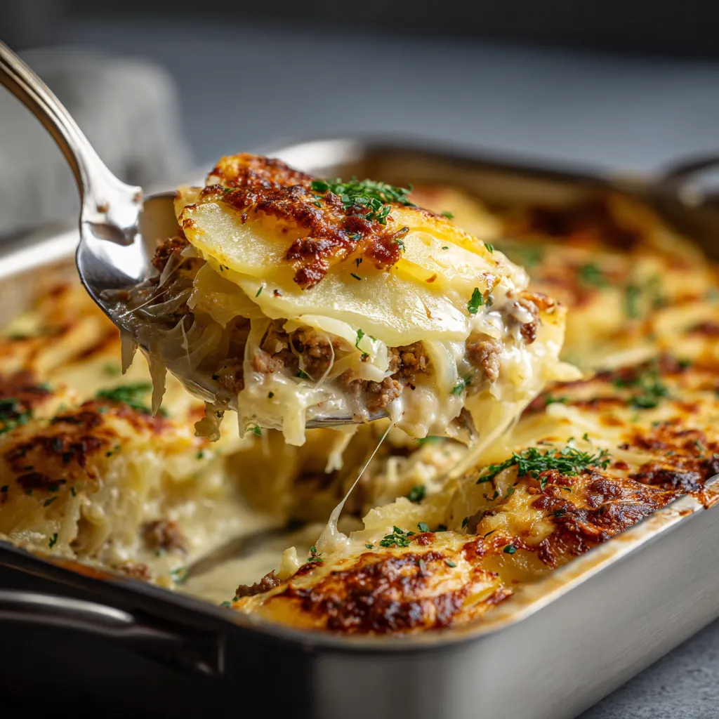 Eine Sauerkraut-Kartoffel-Gratin mit Hackfleisch wird mit einem Löffel aufgefangen.