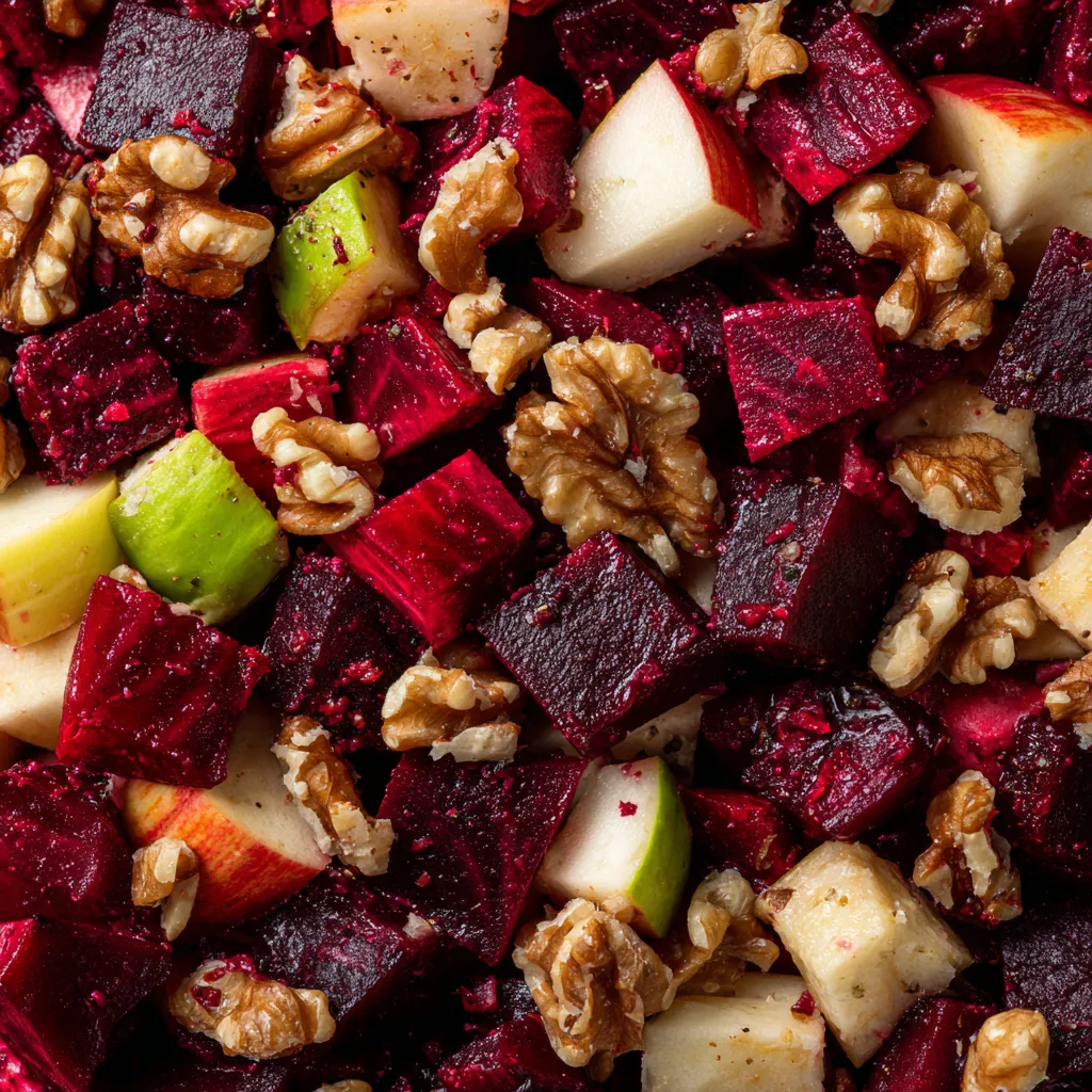 Ein Beet-Salat mit Apfel, Walnüssen und Honig-Senf-Dressing.