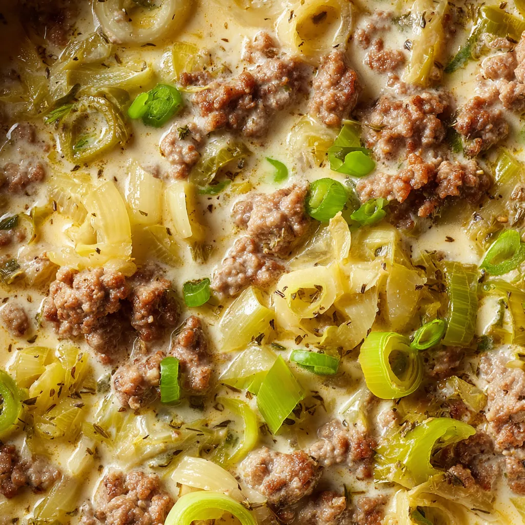 Eine Käse-Lauch-Suppe mit Hackfleisch, die mit vielen grünen Zwiebeln und Fleischstücken zubereitet wurde.