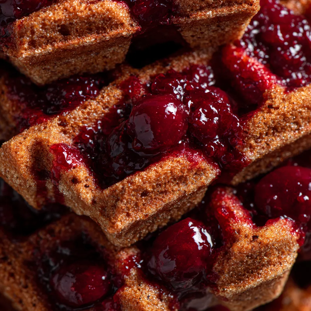 Eine Schicht aus lebkuchenartigen Waffeln, die mit Kirschkompott gefüllt sind.