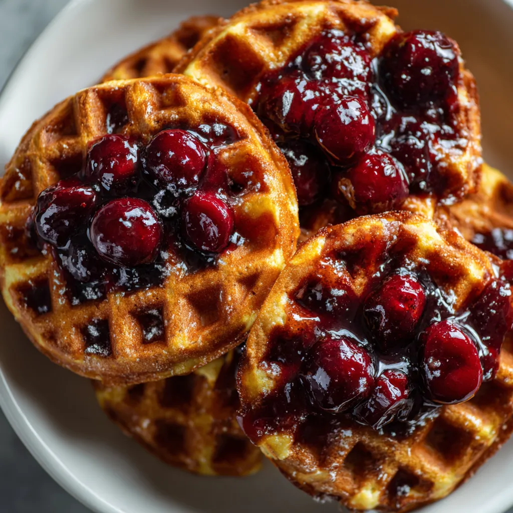 Ein weißer Teller mit Lebkuchen-Waffeln, die mit Kirschkompott besetzt sind.