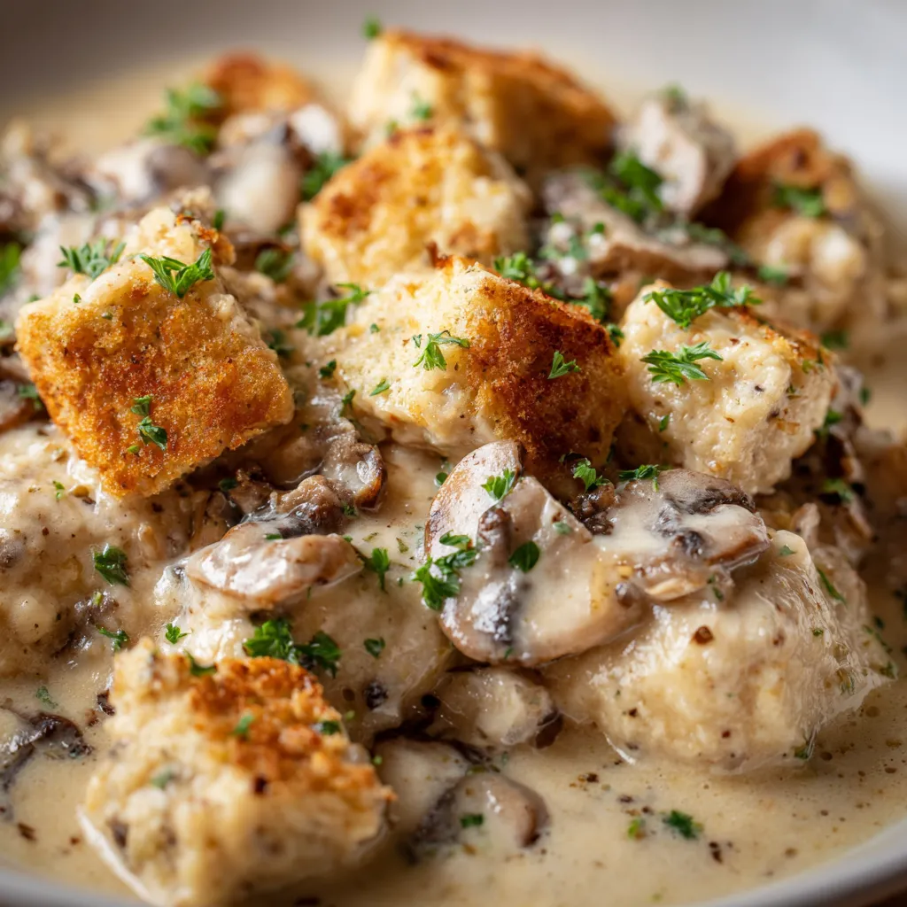 Ein Bild von Semmelknödel mit Pilzrahmsoße.