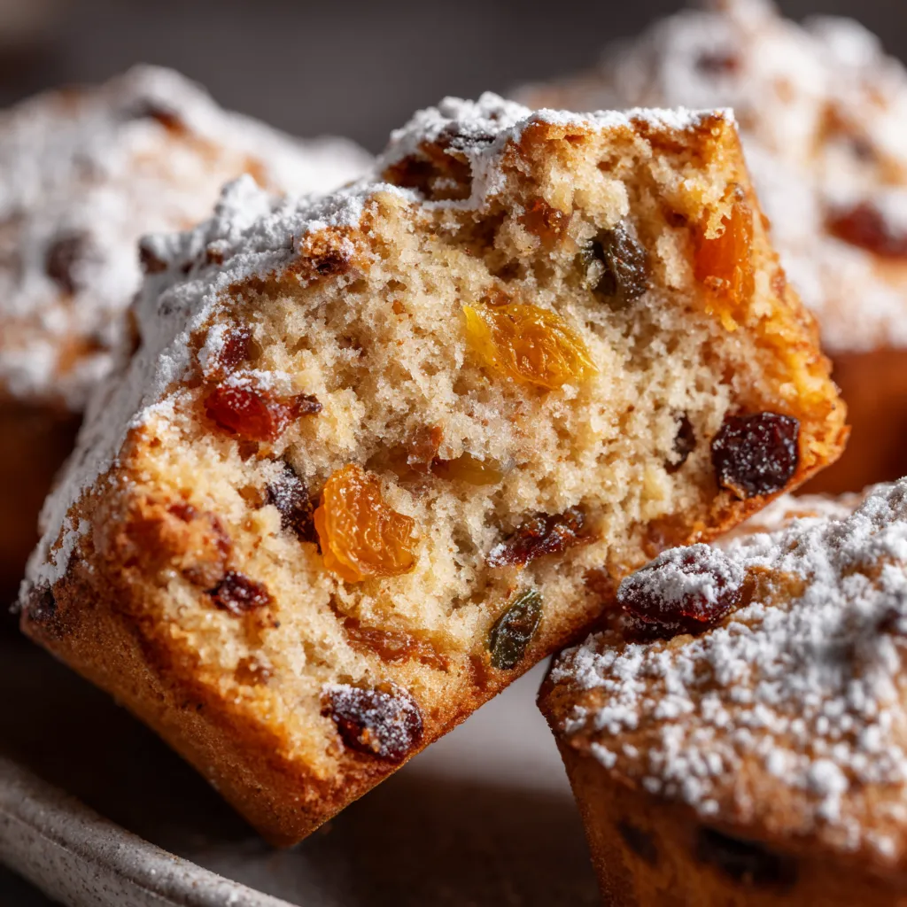 Ein Stück Christstollen-Muffins mit Marzipan.