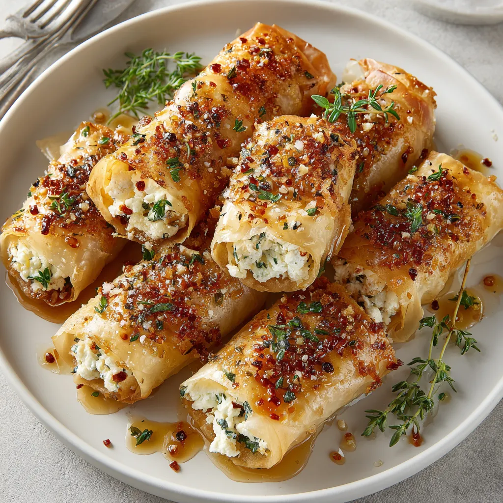 Ein weißer Teller mit Ofen-frittierten Feta-Rollen, die mit Chili-Honig garniert sind.