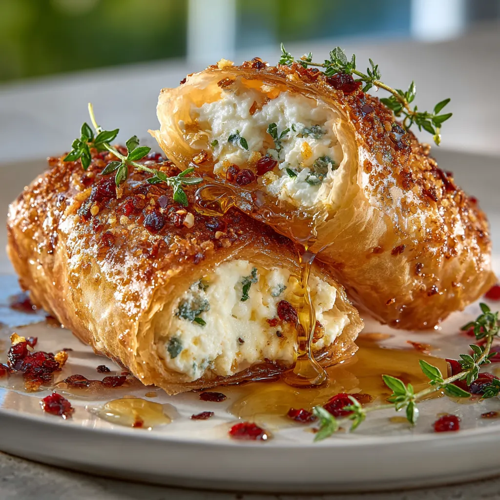 Ofen-frittierte Feta-Rollen mit Chili-Honig.