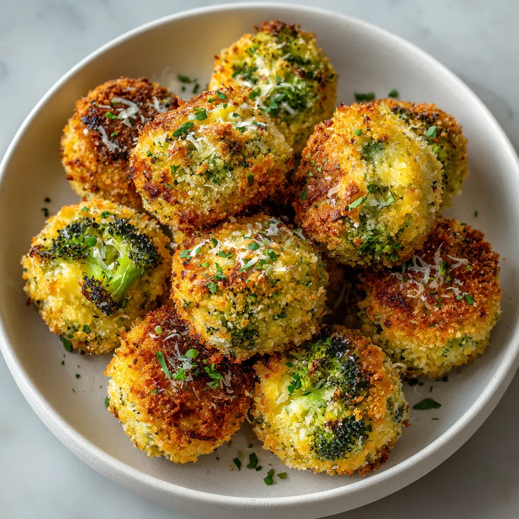 Ein weißer Teller mit knusprigen Brokkoli-Käse-Nuggets darauf.
