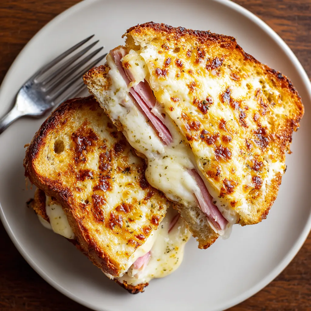 Ein Croque Monsieur auf einem weißen Plate.