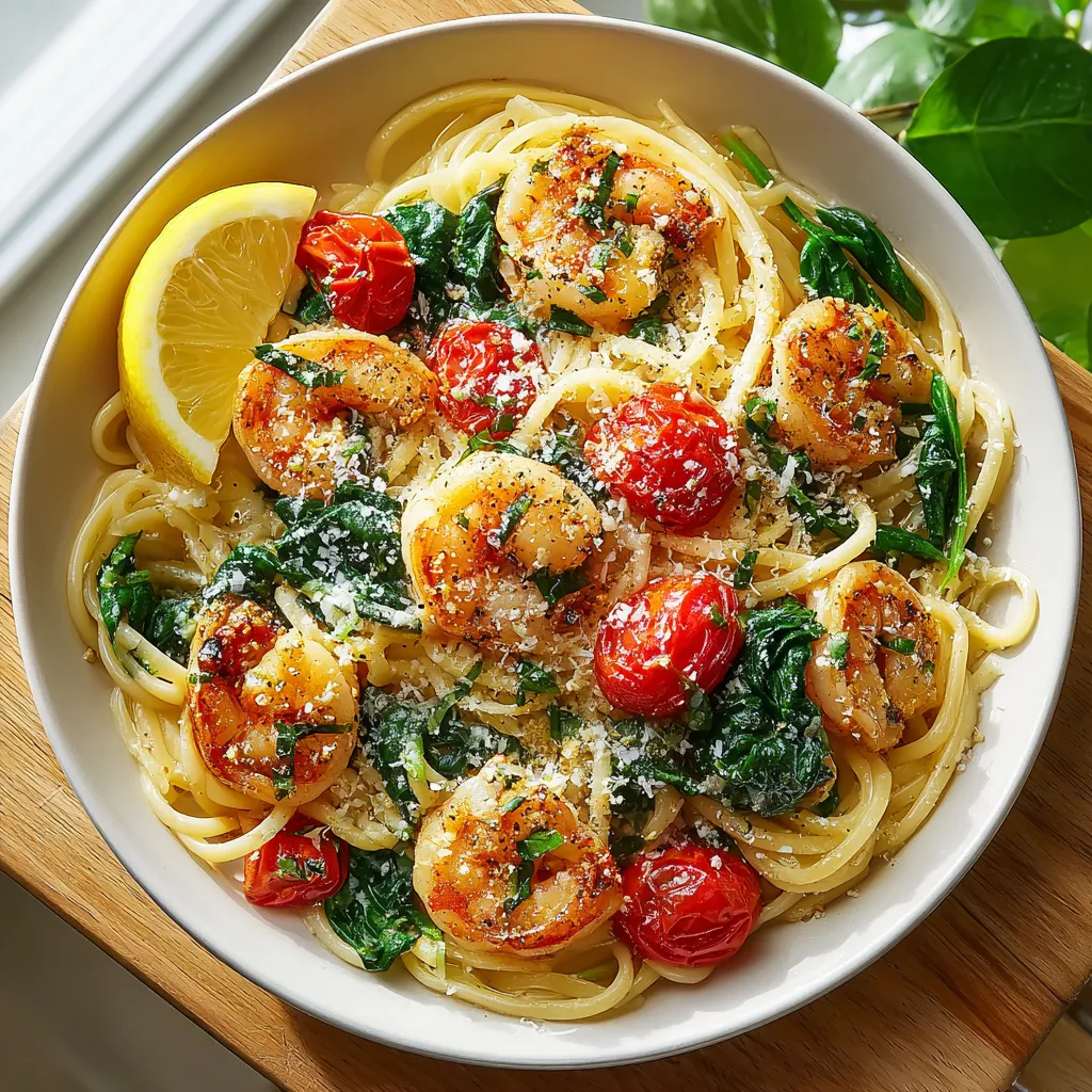 Ein Bogen Spaghetti mit Tomaten, Spinat und Garnelen.