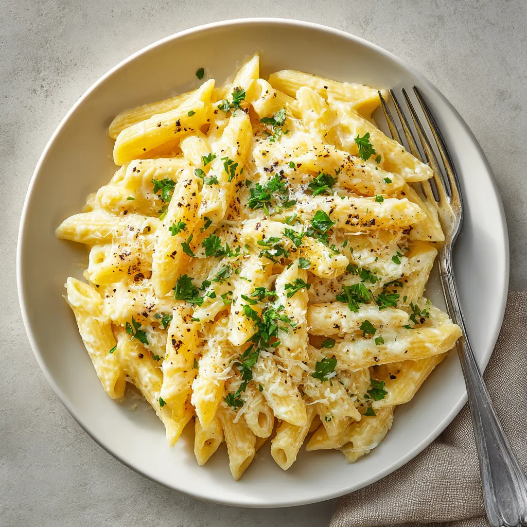 Ein weißer Teller mit Pasta, Knoblauch und Käse.