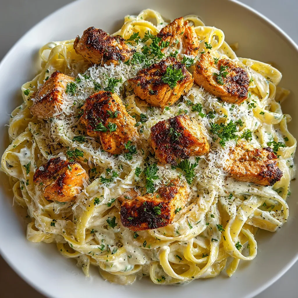Ein weißer Teller mit Lachs-Fettuccine Alfredo.