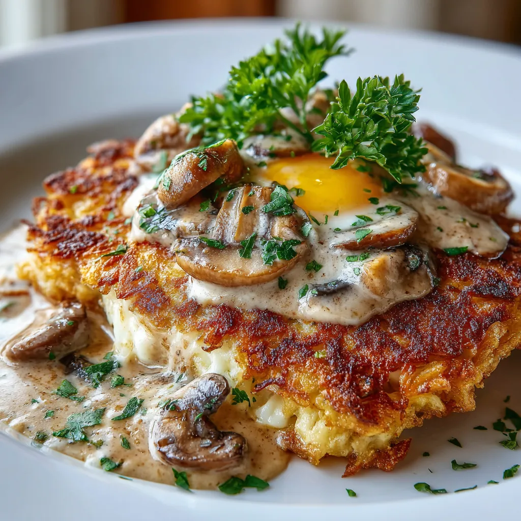 Ein Rösti mit Mozzarella und Zwiebel-Pilzrahmsoße auf einem weißen Teller.