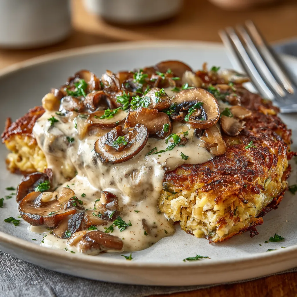 Ein Rösti mit Mozzarella und Zwiebel-Pilzrahmsoße auf einem Teller.