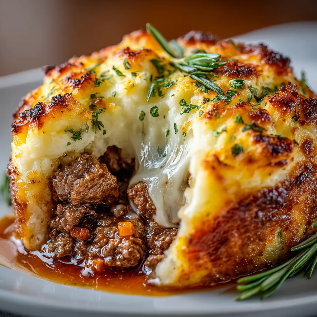 Ein Shepherd's Pie auf einem Teller, der mit Sauce bedeckt ist.