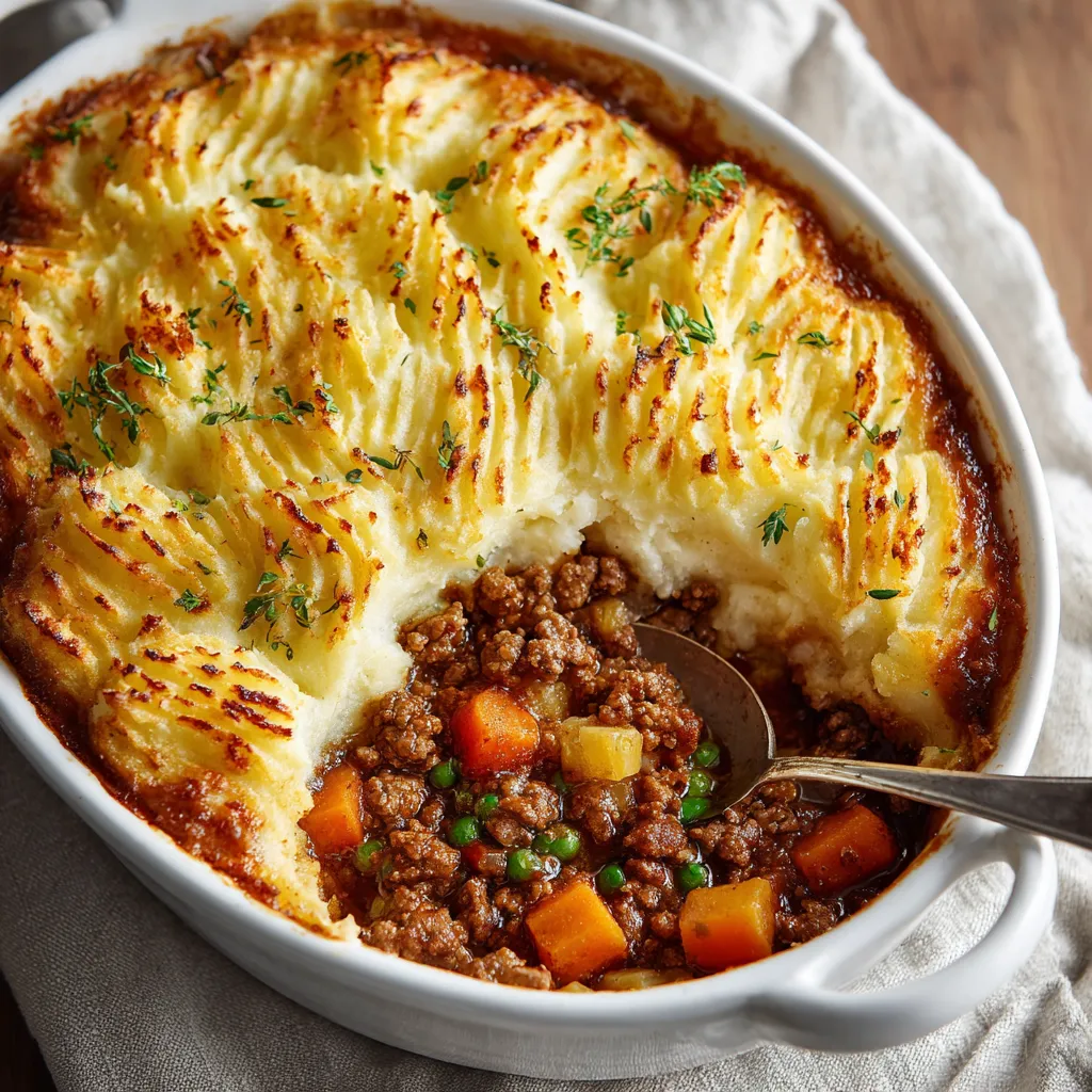 Ein weißer Teller mit einem Shepherd's Pie, das aus Kartoffeln, Rindfleisch, Zwiebeln und Karotten besteht.