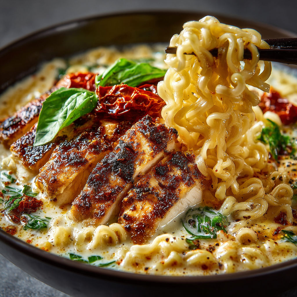A bowl of food with noodles and chicken.