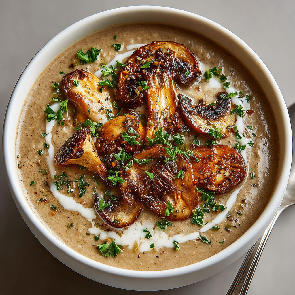 A bowl of cremige pilzsuppe with mushrooms.
