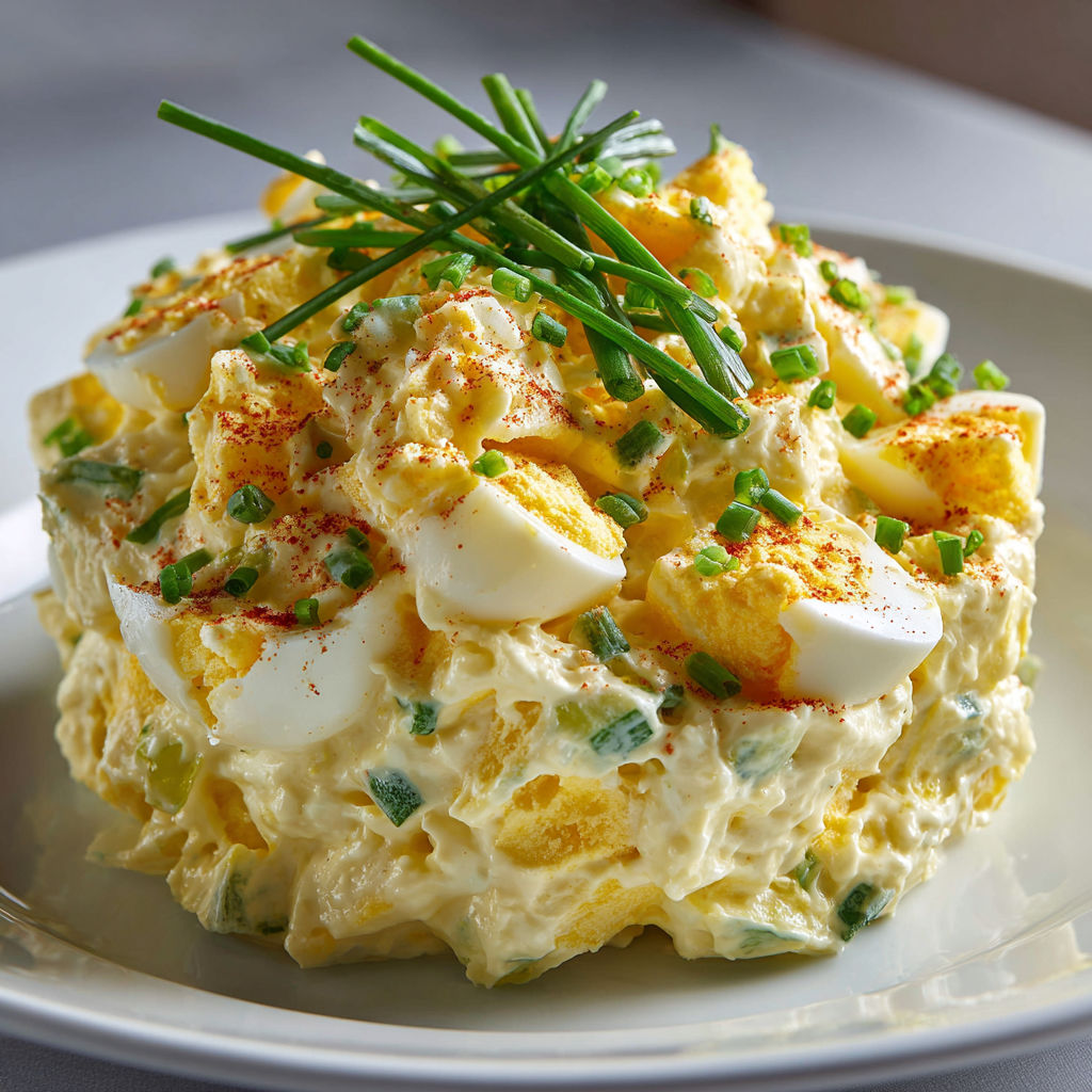 A plate of Eiersalat with green onions on top.