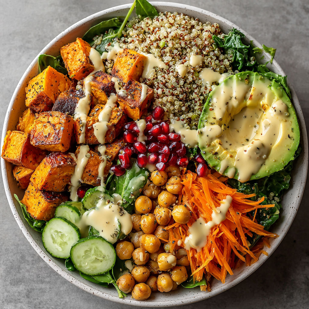 A bowl of food with a variety of ingredients including carrots, cucumbers, and avocado.