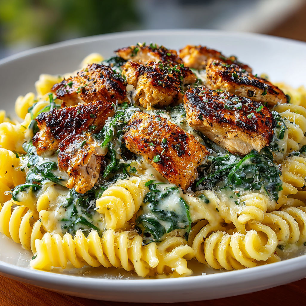 A plate of food with chicken, spinach, and pasta.