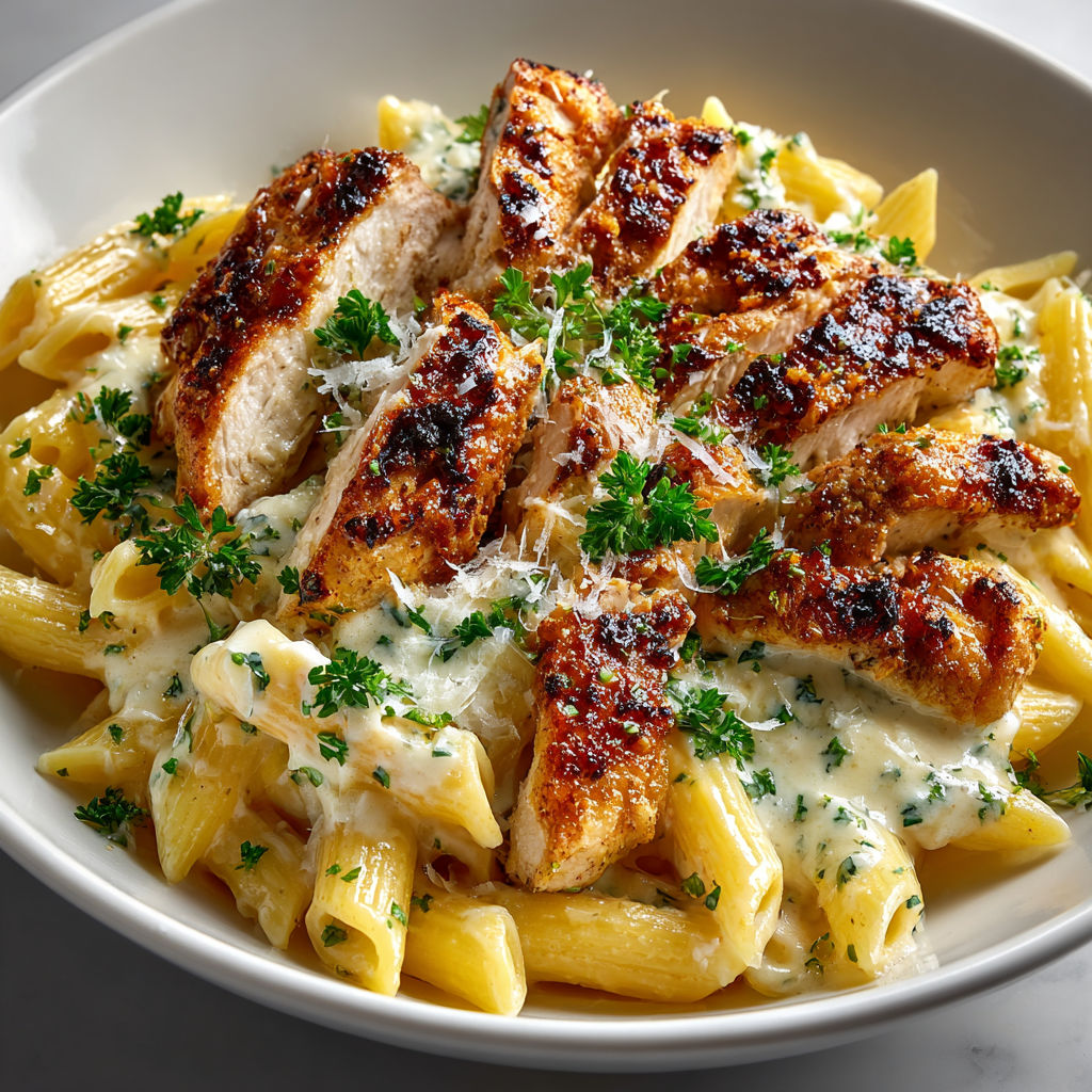 A plate of pasta with chicken and cheese.