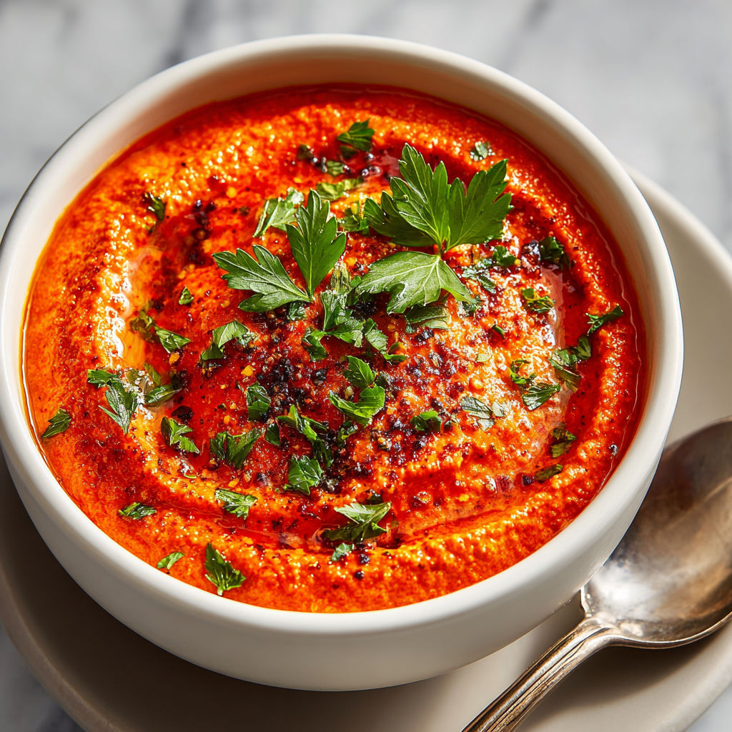 A bowl of red soup with a spoon in it.