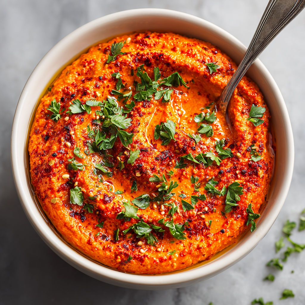 A bowl of red sauce with green herbs.