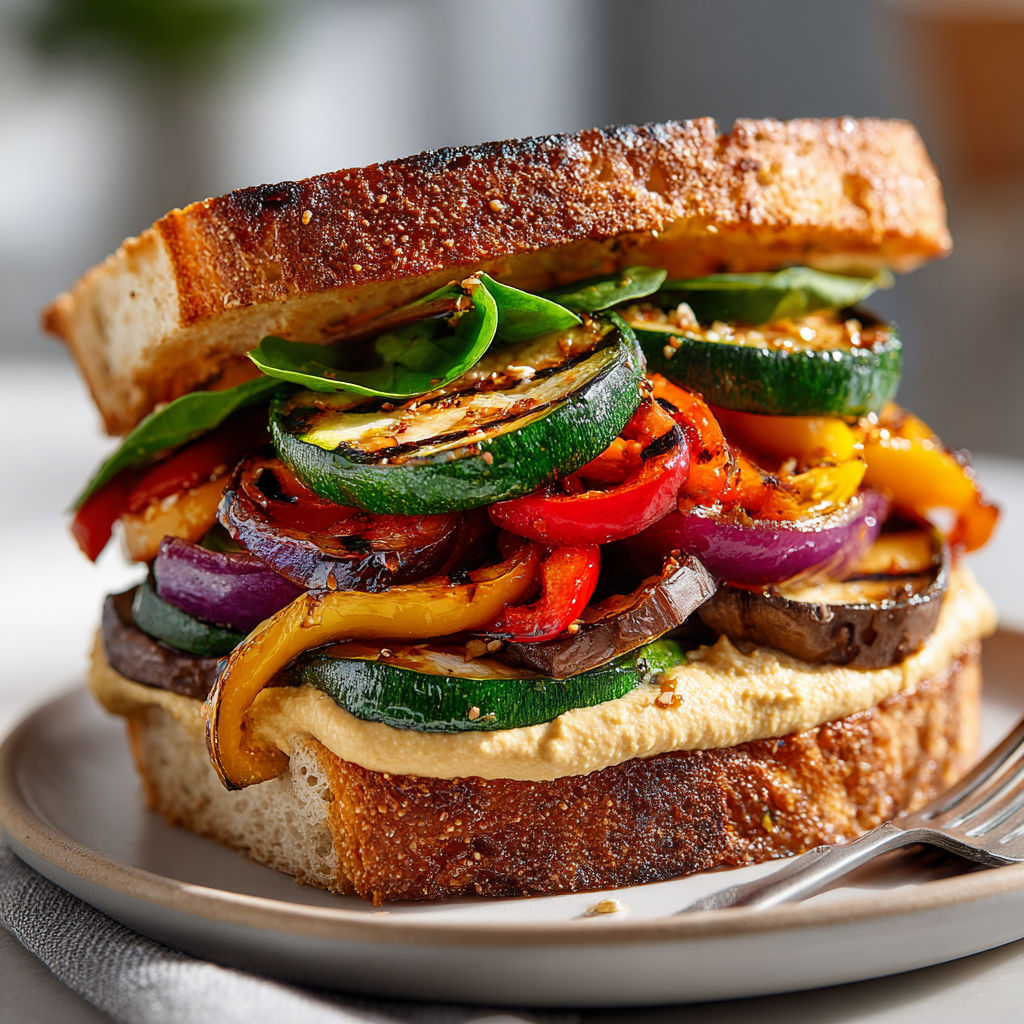 A grilled vegetable sandwich with hummus.