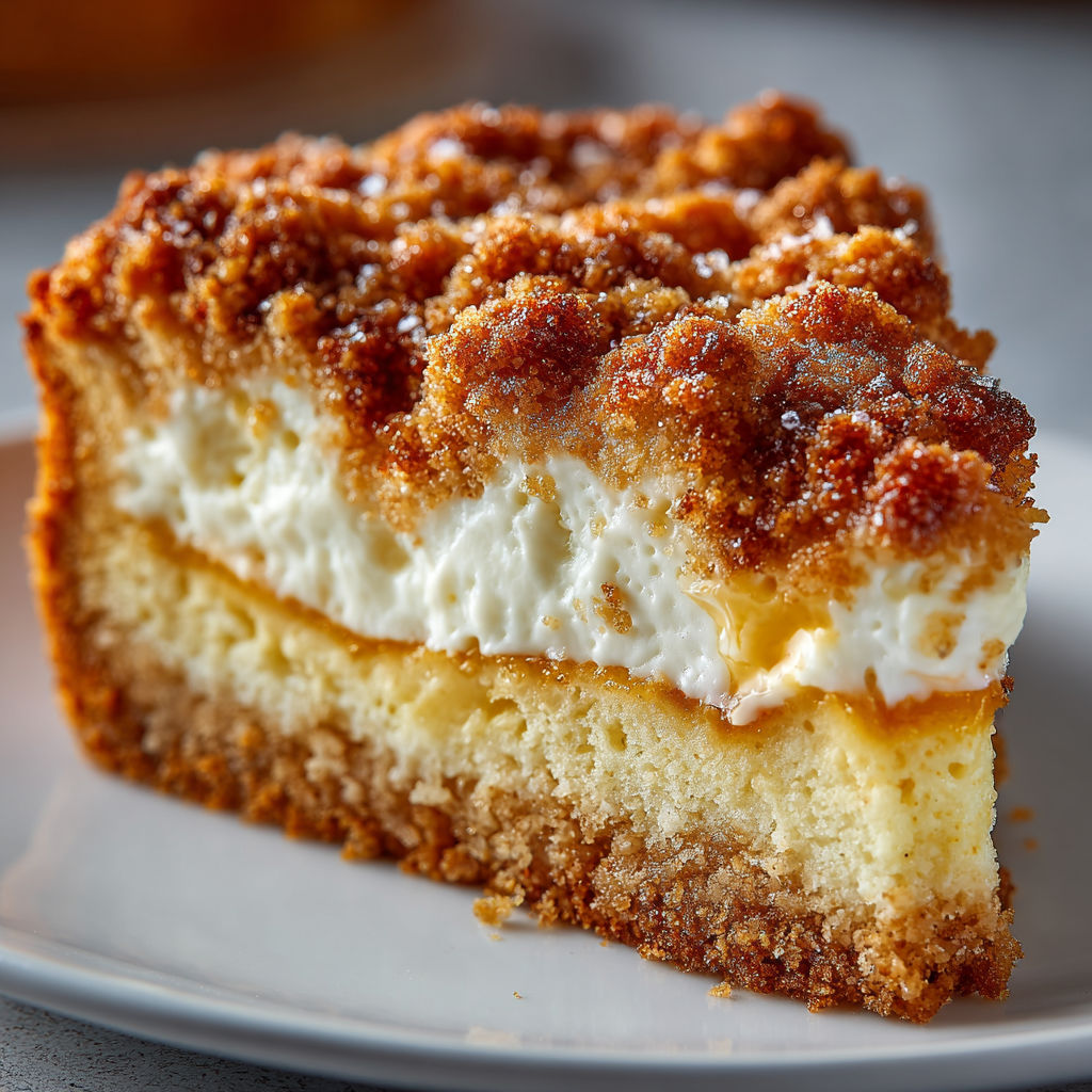 A slice of streuselkuchen with pudding on a plate.